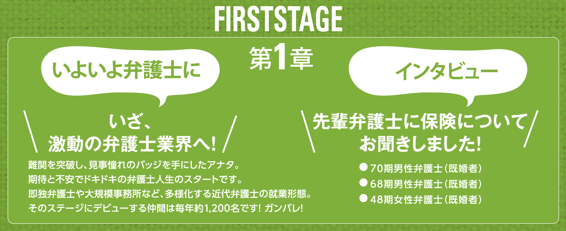 FIRST STAGE 第1章 いよいよ弁護士に いざ、激動の弁護士業界へ！ 難関を突破し、見事憧れのバッジを手にしたアナタ。期待と不安でドキドキの弁護士人生のスタートです。即独弁護士や大規模事務所など、多様化する近代弁護士の就業形態。そのステージにデビューする仲間は毎年約1,200名です！ ガンバレ！