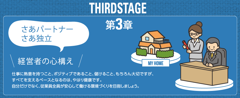 THIRD STAGE 第3章 さあパートナー さあ独立 経営者の心構え 仕事に熱意を持つこと、ポジティブであること、儲けること、もちろん大切ですが、すべてを支えるベースとなるのは、やはり健康です。自分だけでなく、従業員全員が安心して働ける環境づくりを目指しましょう。